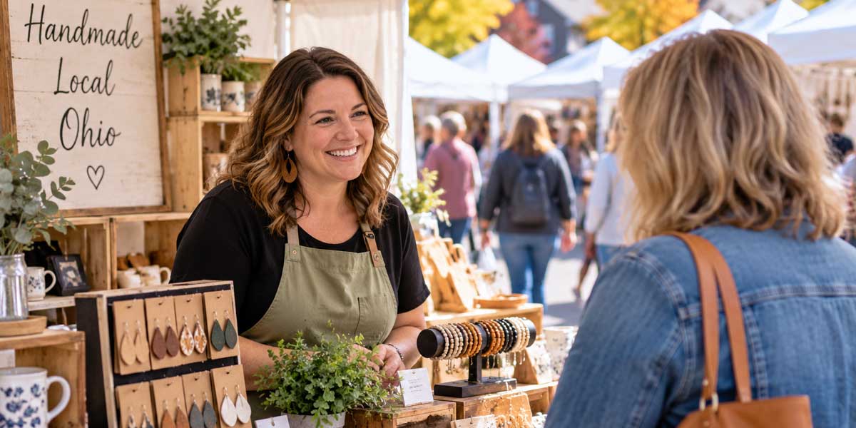 Handmade craft vendor speaking with a shopper at an outdoor Ohio-style craft market