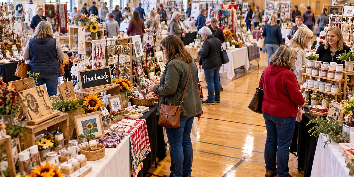 Shoppers browsing handmade crafts and local artisan booths at a small-town Ohio community craft show